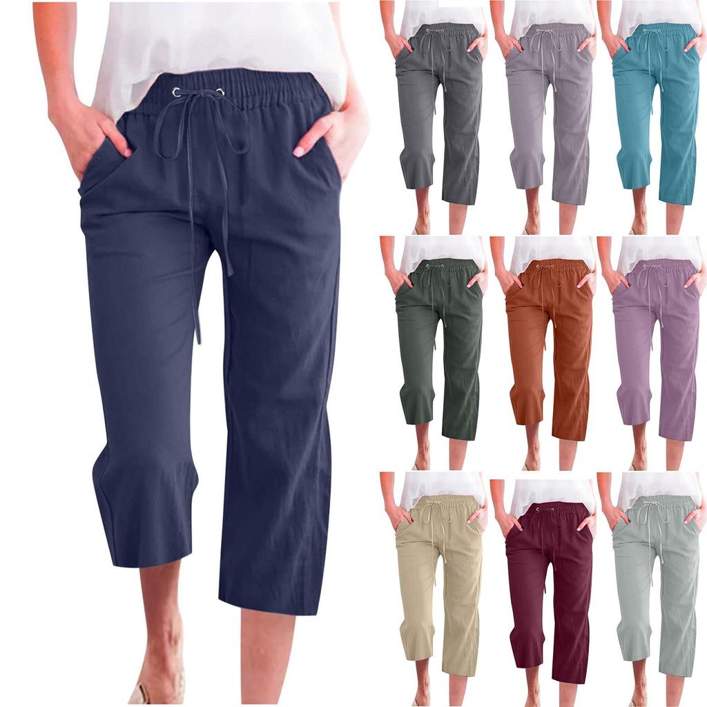Pants For Women Casual Summer Solid Color Elastic High Waist Cotton And Linen Loose Pants Drawstring Pocket Mid Leg Pants