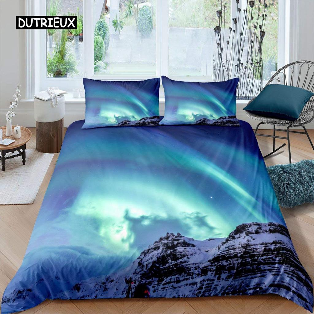 Aurora Påslakanset Galax Sängkläder Lila Stjärnklar Himmel Täcke Ytterrymden Universum Astronaut Täckesöverdrag för Barn