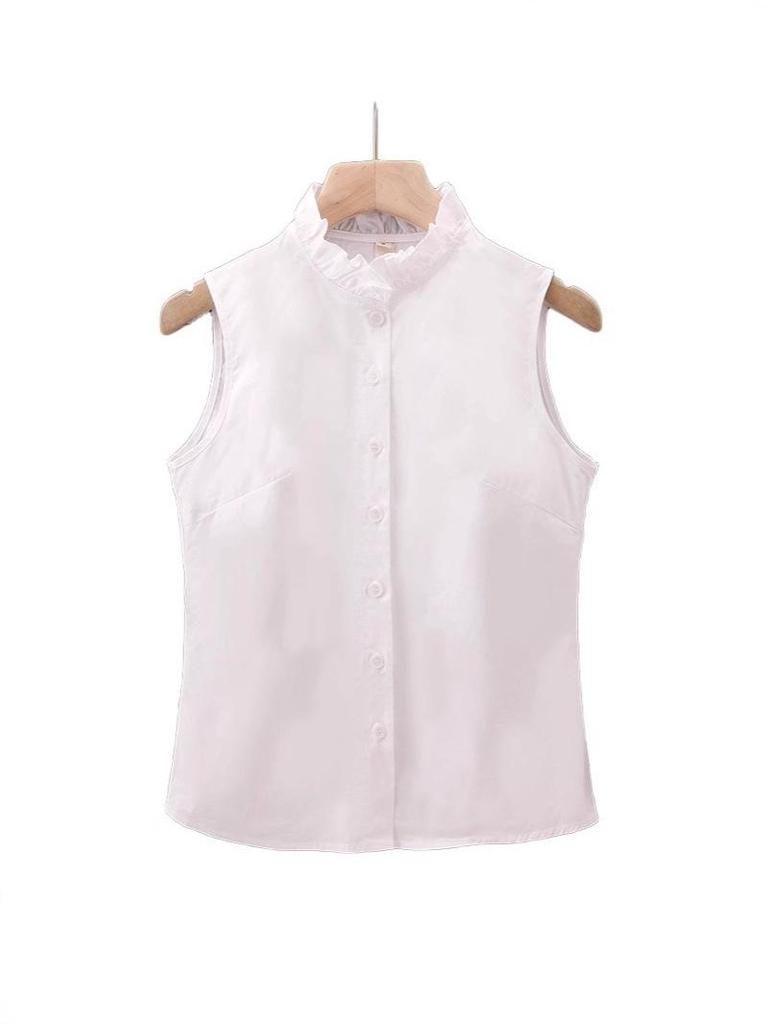 Women's Korean Style Sleeveless Stand Collar Cotton Shirt - Versatile Base Layer for Autumn/Winter, Ideal with Suits & Sweaters.
