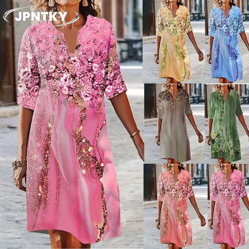 JPNTKY Moda Estiva Primavera Maniche a 1/2 Scollo a V Abiti Casual