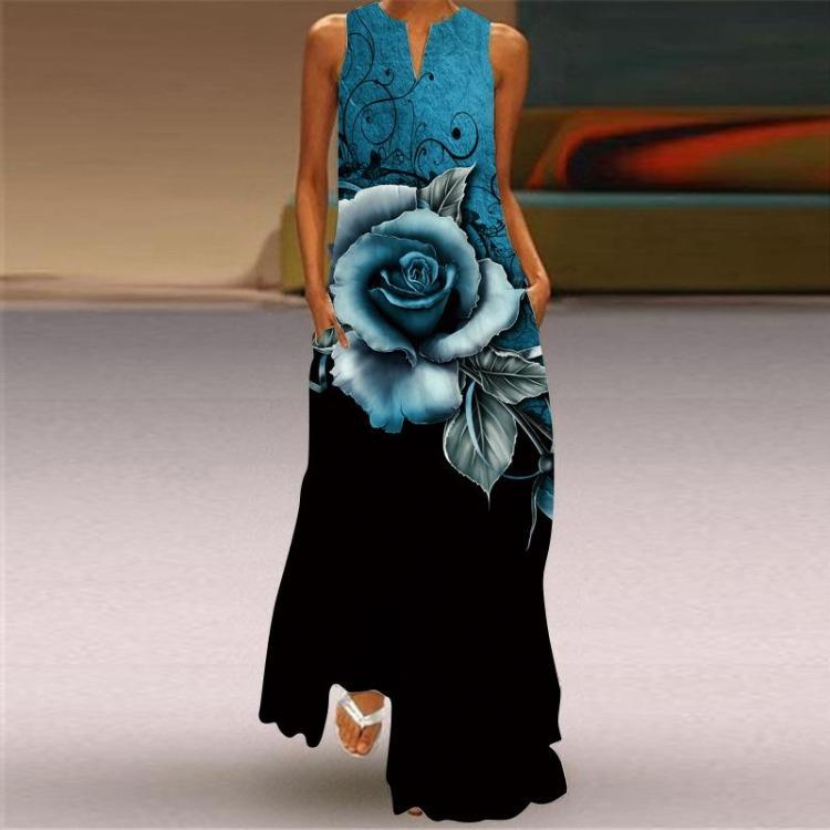 2023 Summer Women Sexy V Neck Retro Print Long Dress Sleeveless Beach Vacation Casual Fashion Clothing