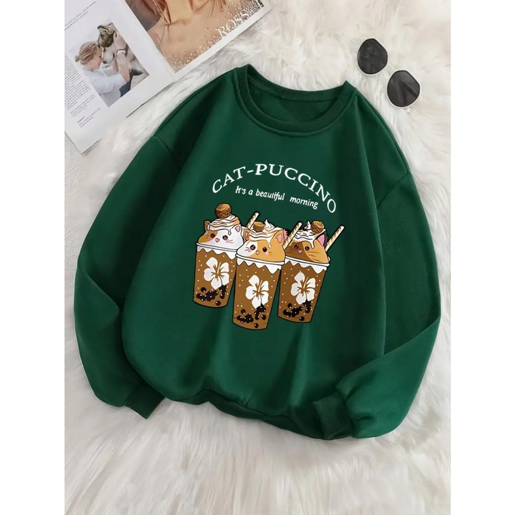 Women'S Plus Size Casual Sweatshirt With Cute Cat & Coffee Print - Cozy Polyester, Round Neck Pullover For All Seasons Sweaters