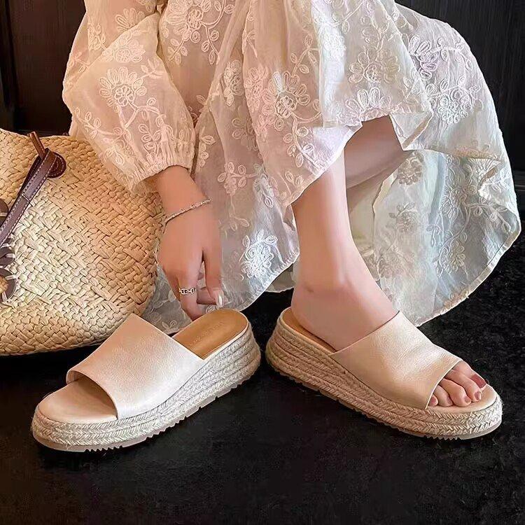 Soft Leather Version~ Straw Wedge Heel Sandals Women's 2025 Summer New Casual Outer Wear Open-toed Thick-soled One-word Slippers