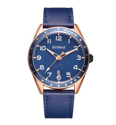 Moderne Quarz-Armbanduhr mit blauem Lederarmband und Roségold-Gehäuse, wasserdicht, für Herren
