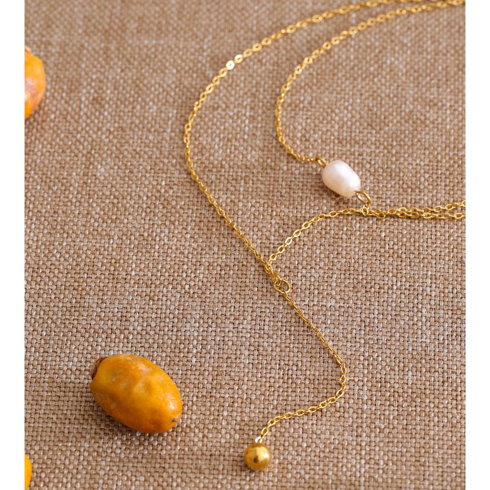 Yhpup Cadena de Perlas Naturales de Doble Capa de Acero Inoxidable Collar Largo Colgante Redondo que Baja por el Pecho Encanto Joyería de Moda