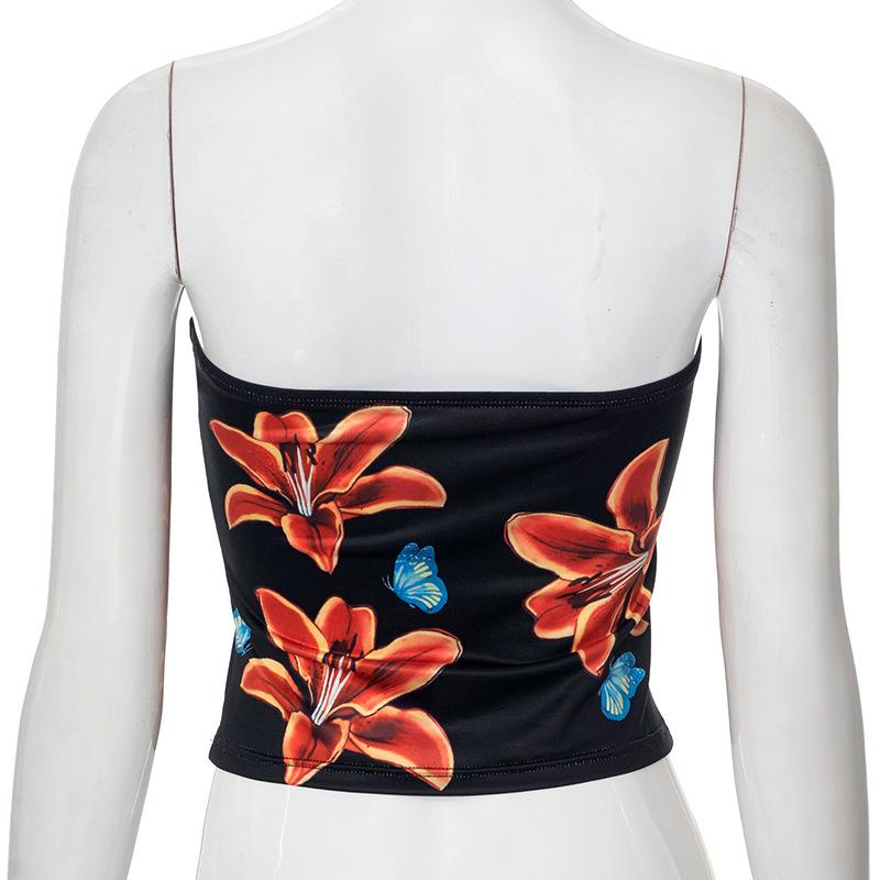 Summer Beach Sexy Off Shoulder Tube Top Ladies Party Flower Print Crop Tops Hot Girls Street Bodycon Sleeveless Underwear Holiday Strapless Tight Top