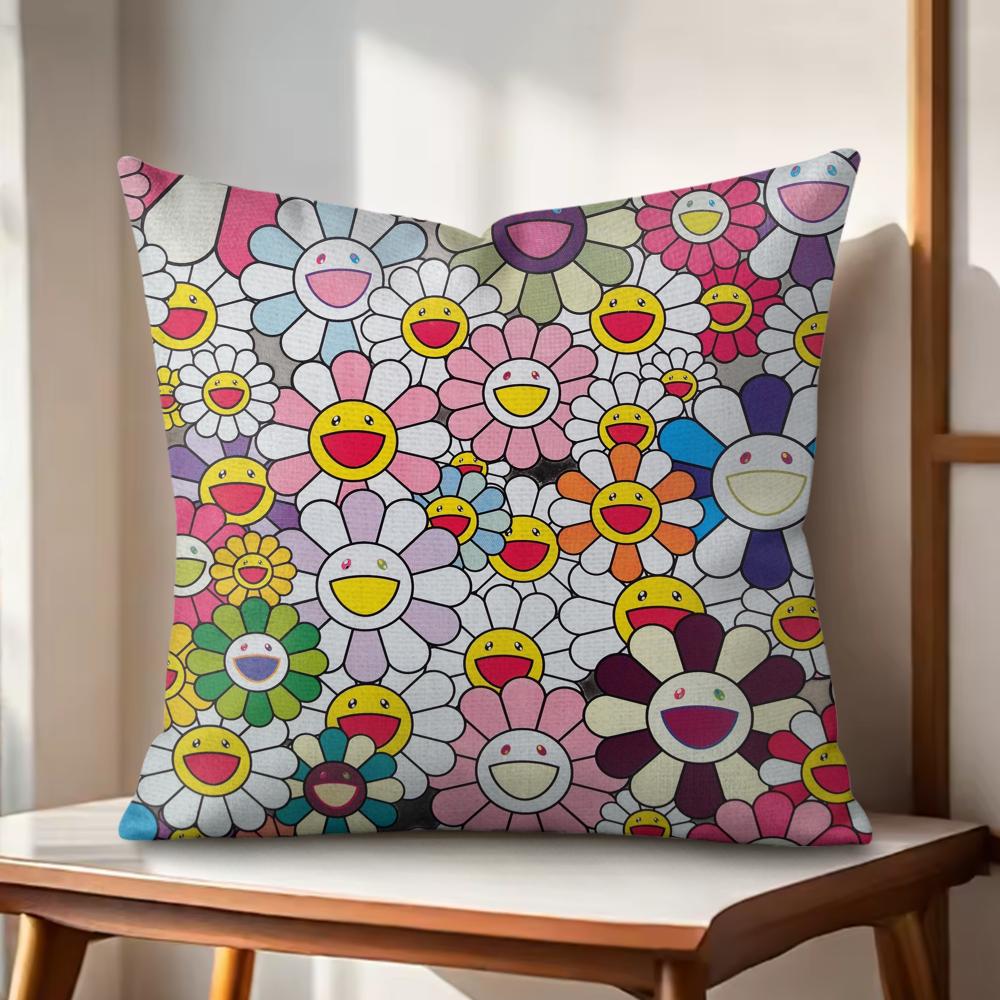Art Sunflower MMurakamiTakashi Cushion Cover Natural Linen Organic Fabric DoubleSided Printing Couch Pillow Covers Home Decor