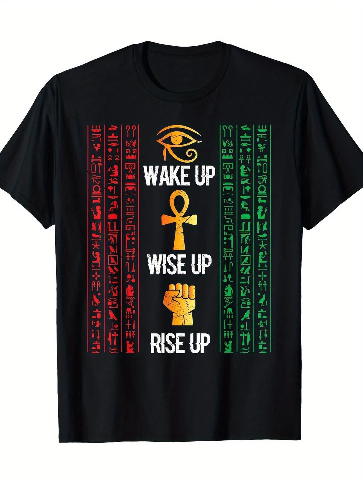 Egyptian Hieroglyphics & Ankh Eye of Horus Graphic T-Shirt, 100% Cotton, Casual M