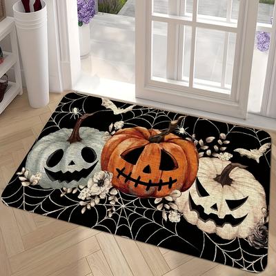 Halloween Kürbis Dekoration Teppich Schwarze Kürbisse Spinnennetz Design Fußmatte Gruselig Gespenstisch Dekorative Fußmatte für die Haustür Teppiche