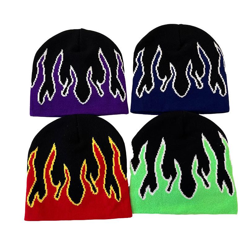 Punk Knitted Hat For Men With Flame Design And Letter Embellishments For Streetwear And Winter Warmth
