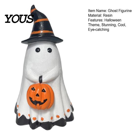 Halloween Home Decor Ghost Figurine, Cute Wearing Hat And Holding Holiday Vibes Pumpkin Statue, Resin Ornament for Shelf Tabletop Spooky Decoration
