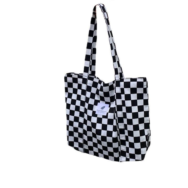 Wind large capacity canvas bag simple student shoulder bag contrasting color checkerboard leopard print women's bag