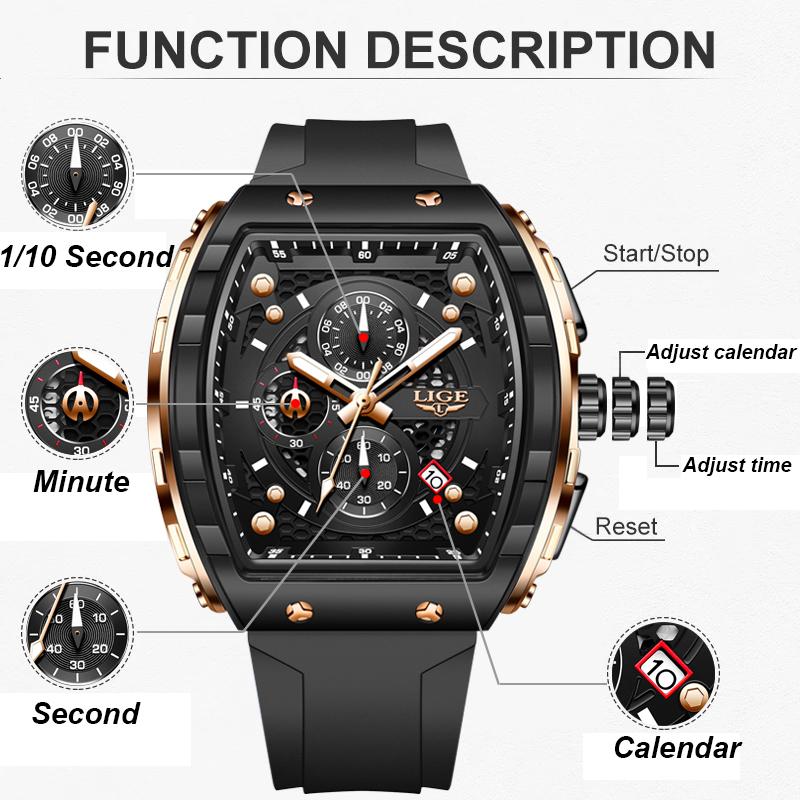 Men Watch Fashion Business Watch Men Square Black Silicone Luminous Waterproof Quartz Wrist Watches For Men Montre Homme