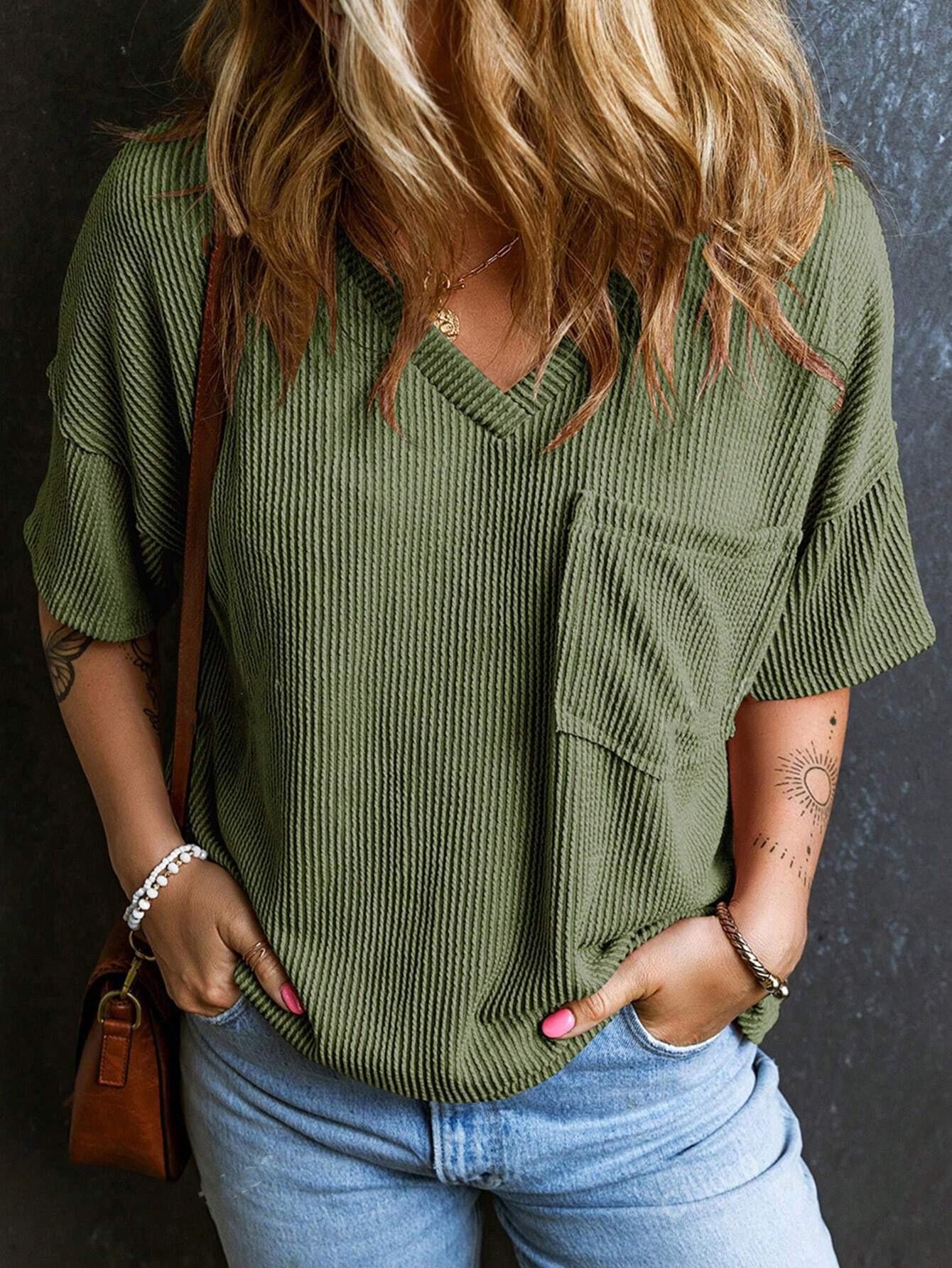 

2026 Spring/Summer Two-Tone Twist V-Neck Short Sleeve Top for Women L армія зелений колір