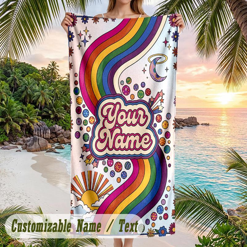 Rainbow Dreams 3 Theme Quick Dry Beach Towel Custom Name Text Print Large Sand Resistant Towel Beach Vacation