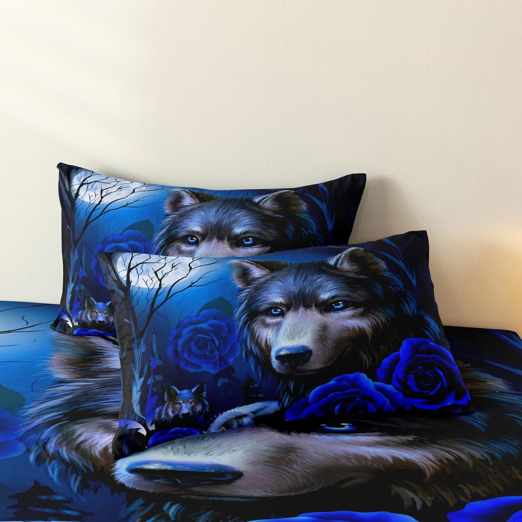 3Pcs Black Wolf And Blue Rose Print Duvet Cover Set Nature Art Printed Bedding Set, Used For Family Bedrooms Dormitories Hotels