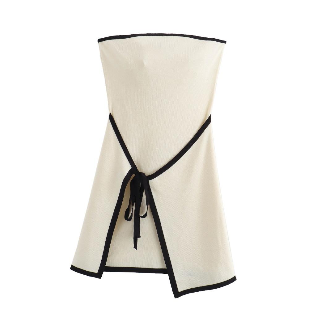 Women s Strapless Tube Mini Dress Slim Fit Mid Waist Wrap Tie Contrast Trim Knit Short Summer Dress S