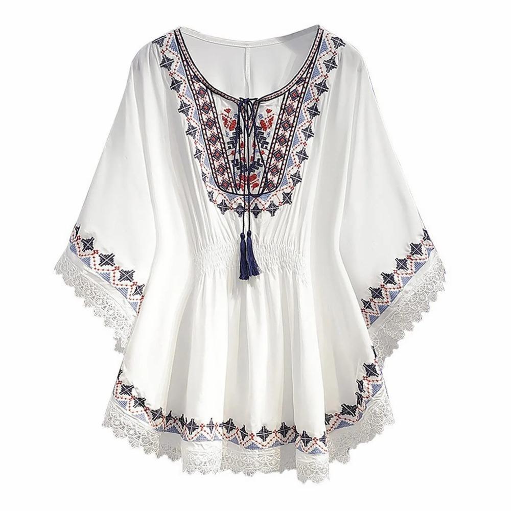 Embroidery Short Sleeve T Shirt Lace-up Tassel Ethnic Style Tops Bohemian Style T-shirt  Women