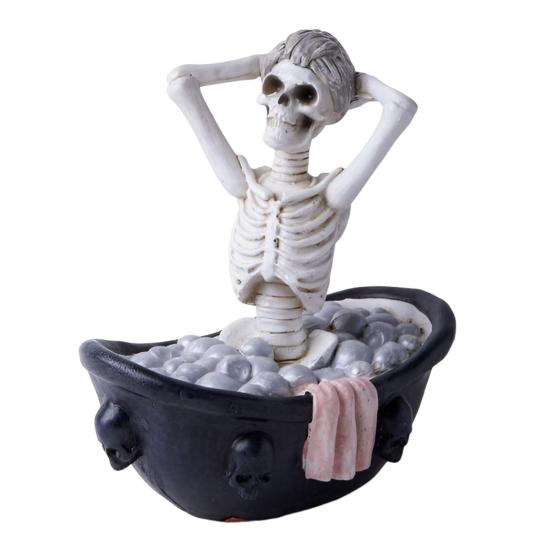 Halloween Skeleton Figurine Resin Bathing Skeleton Statue Desktop Skeleton Ornament for Bookshelves Tables Cabinets