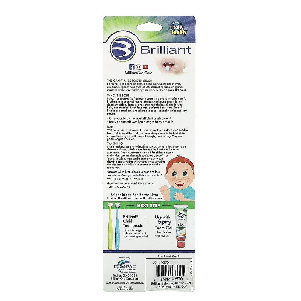 Brilliant, Toddler Toothbrush, 4-24 Months, Pink, Mint, Yellow, 3 Toothbrushes