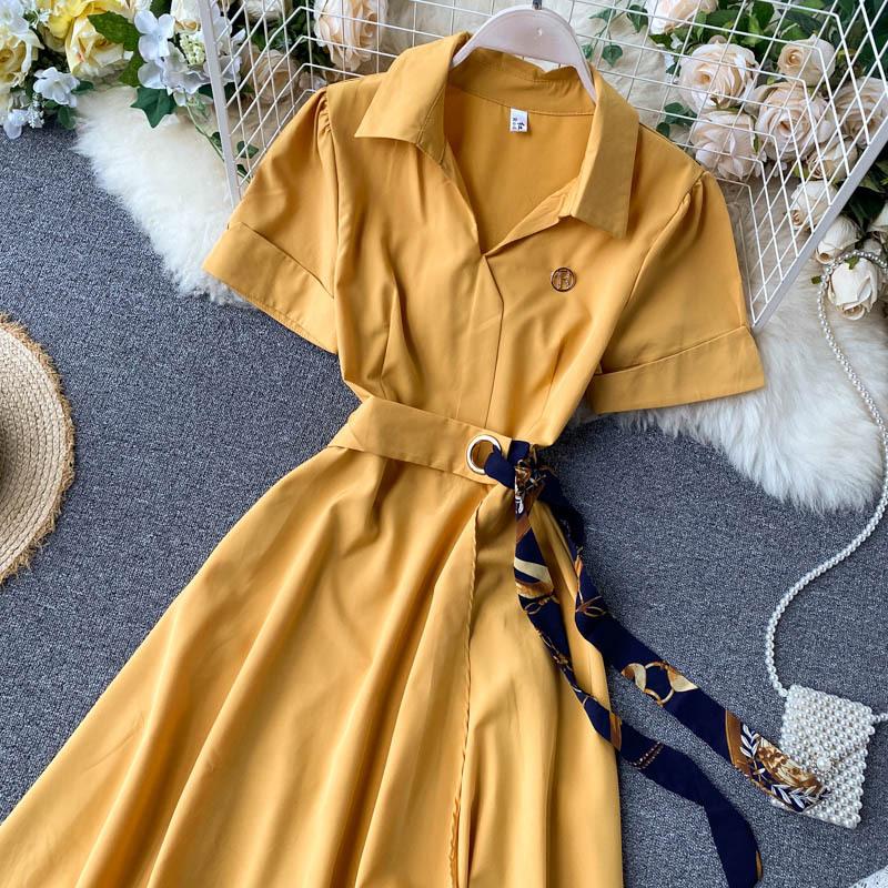 Letnia sukienka biurowa damska w jednolitym kolorze z kołnierzykiem i krótkim rękawem, damska, z paskiem w kształcie wstążki, nieregularna