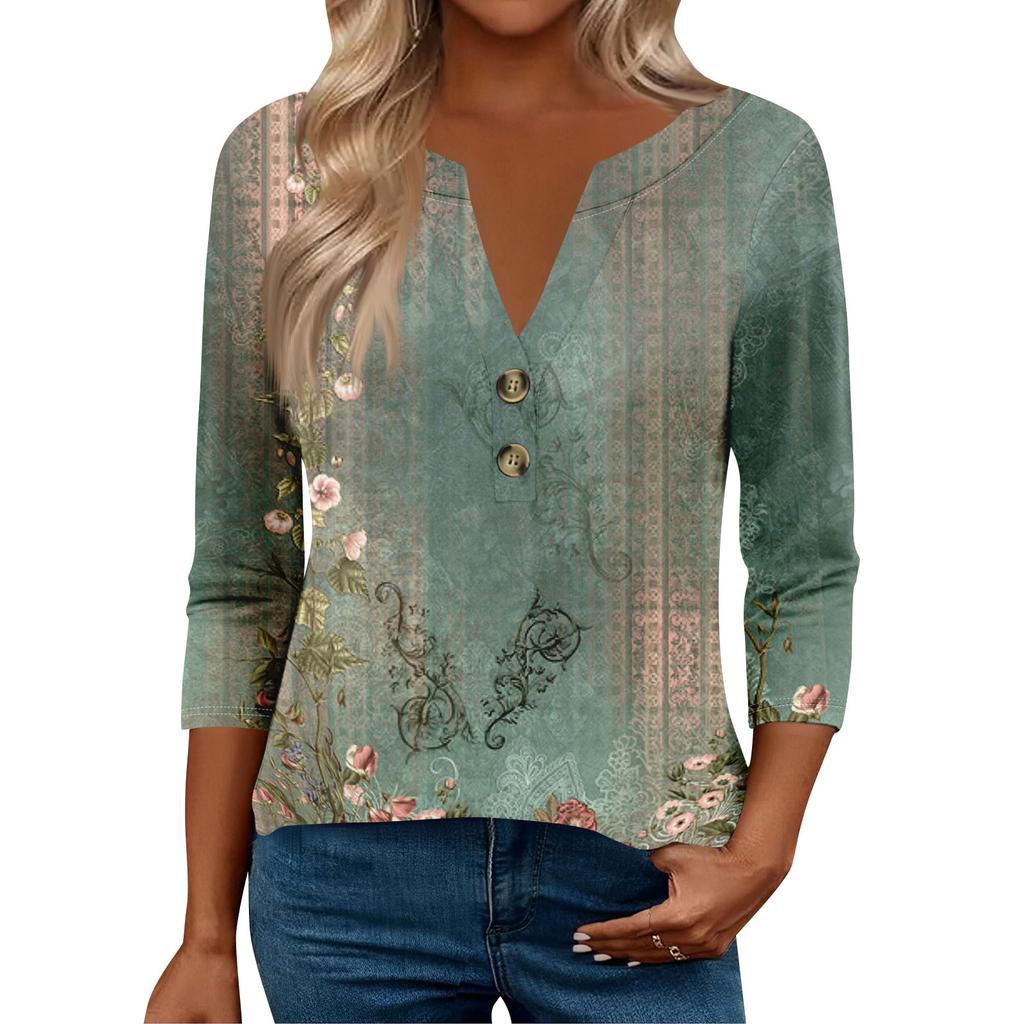 3/4 Sleeve Womens Tops For Women Henely Tops Button V Neck  Loose Fit Dressy Womens Summer Tops