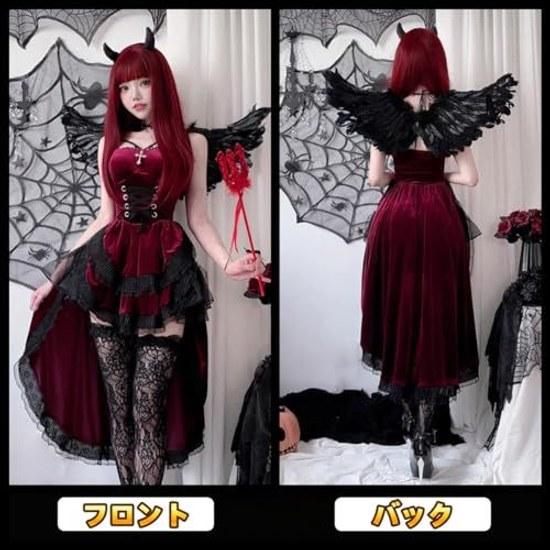 JUNDOMECY Witch Devil Cosplay Little Sexy 6-Piece Set Wings Pannier Black Red Demon Vampire Halloween Costume Adult Ladies Cute Plus Size Horns Dress
