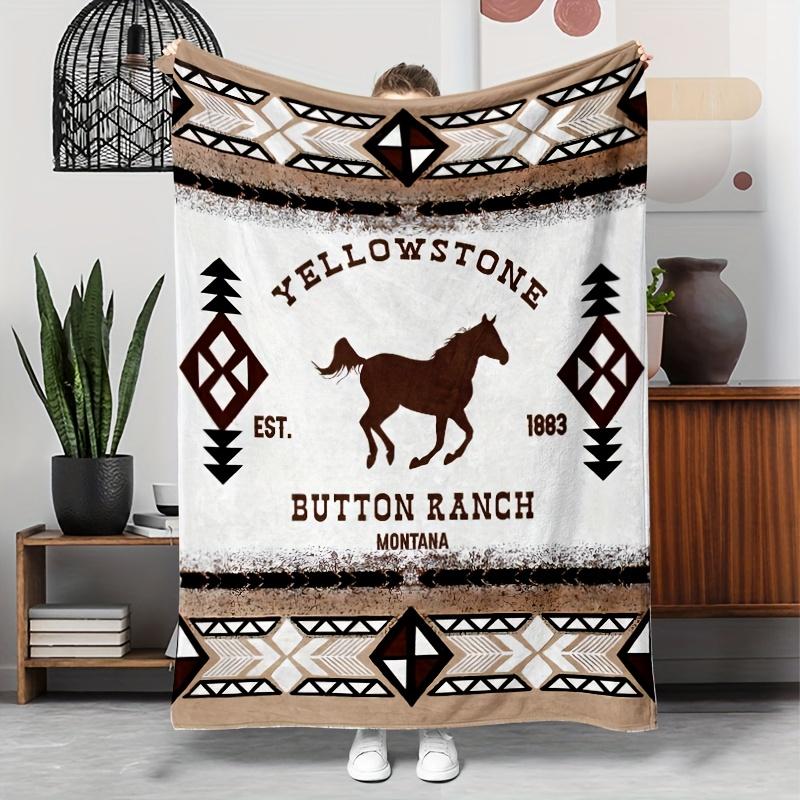 

Vintage Southwestern Bohemian Throw Blanket | Yellowstone 1885 Button Ranch Montana Design | Geometric & Horse Motifs 30x40in