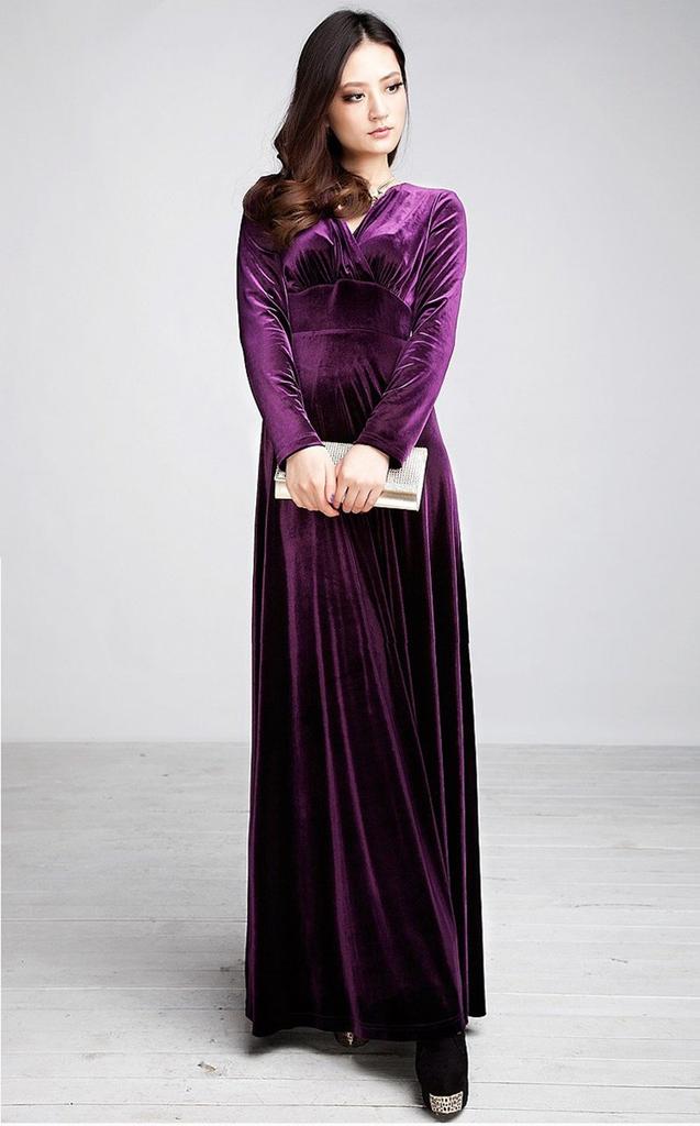 Platinum Liberty long perfect for parties and dance Velvet dress size V-neck, high-waisted, empire-waisted, maxi-length dress, halls. (purple, L).
