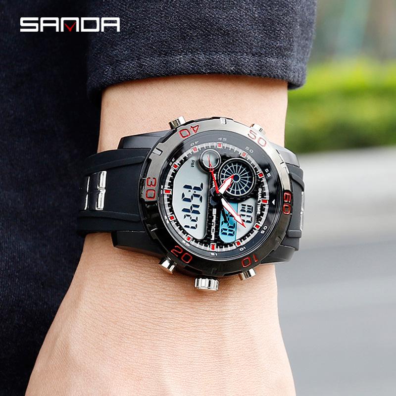 Sanda Multifunctional Waterproof Sports Watch for Students and Men - Black Technology Style чёрный/красный