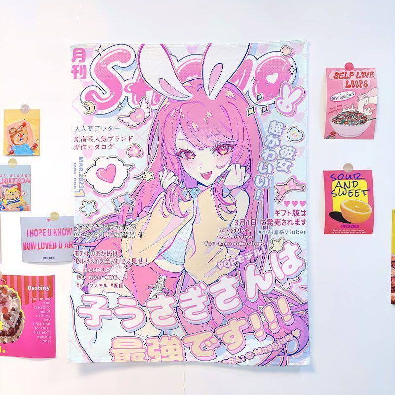 Kawaii Cat Ear Maid Anime Girl Tapestry Pink Polka Dot Wall Hanging for Pastel Aesthetic Bedroom Decor Home Decor