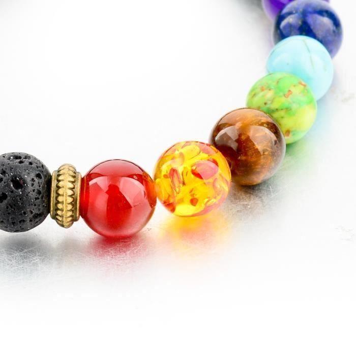 Black Lava Natural Stone Bracelet and Multicolored Jade Beads 7 Chakras R845
