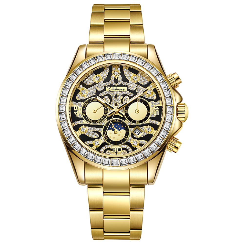 Dulunwe Moon Phases Calendar Display Watch Waterproof Stainless Steel Gold Wristwatch Luxury Unique Men's Automatic Mechanical Watches