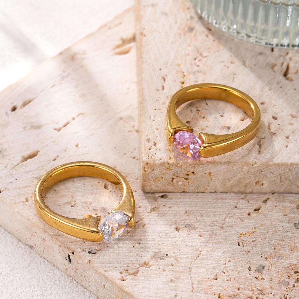 18K Gold Plated Stainless Steel Ring Set: Women's Luxury Fashion with Colored Diamond Inlays.