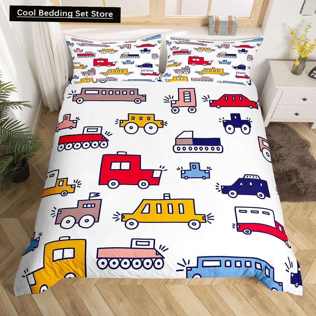 Gelbes Taxi Auto King Queen Bettbezug Jungen Cartoon Transport Bettwäscheset Rosa Stadtlandschaft Steppdeckenbezug Polyester Bettdeckenbezug