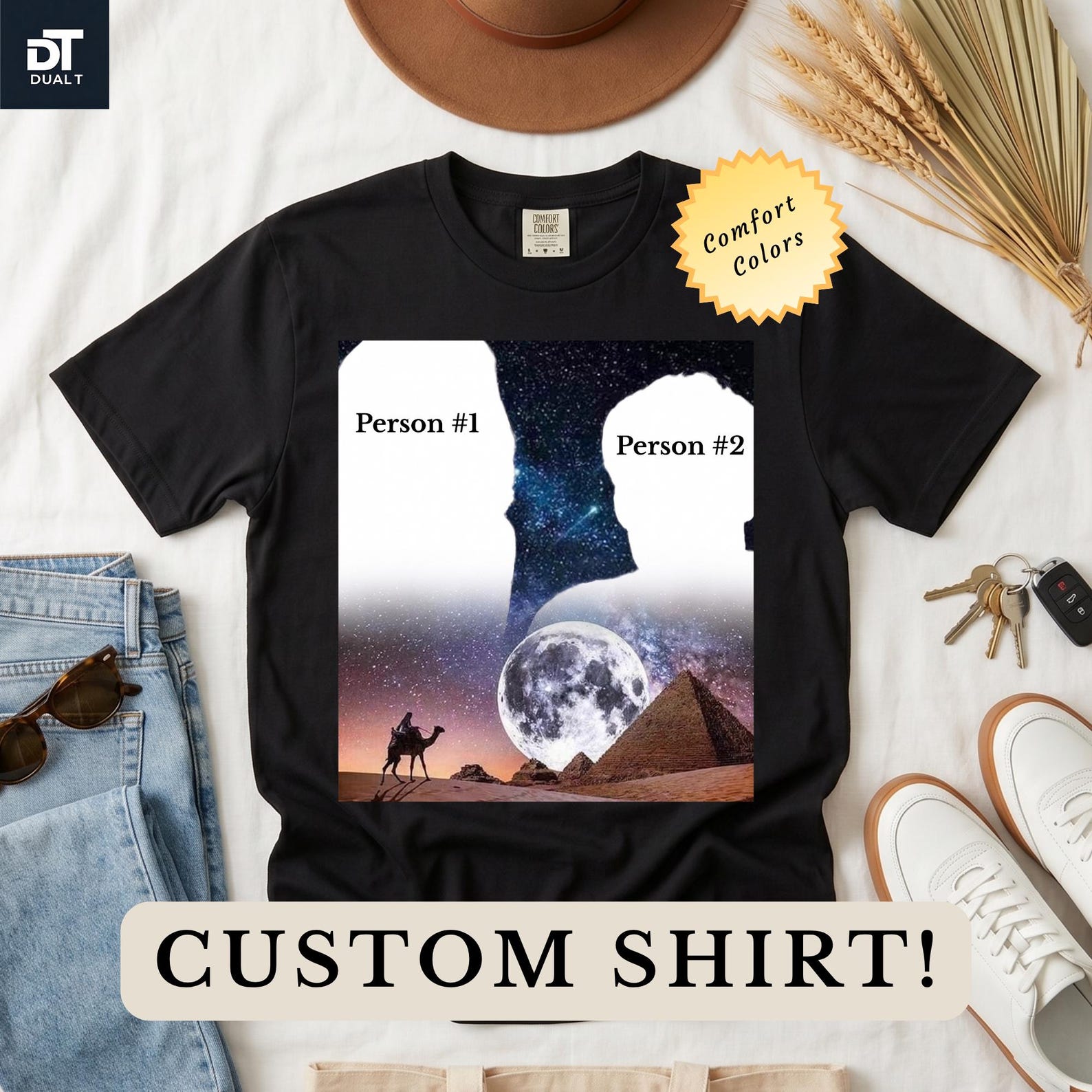 Comfort Colors© CUSTOM Galaxy Full Moon Pyramid Vintage Style Design Graphic T-shirt | Desert Camel Nightscape S