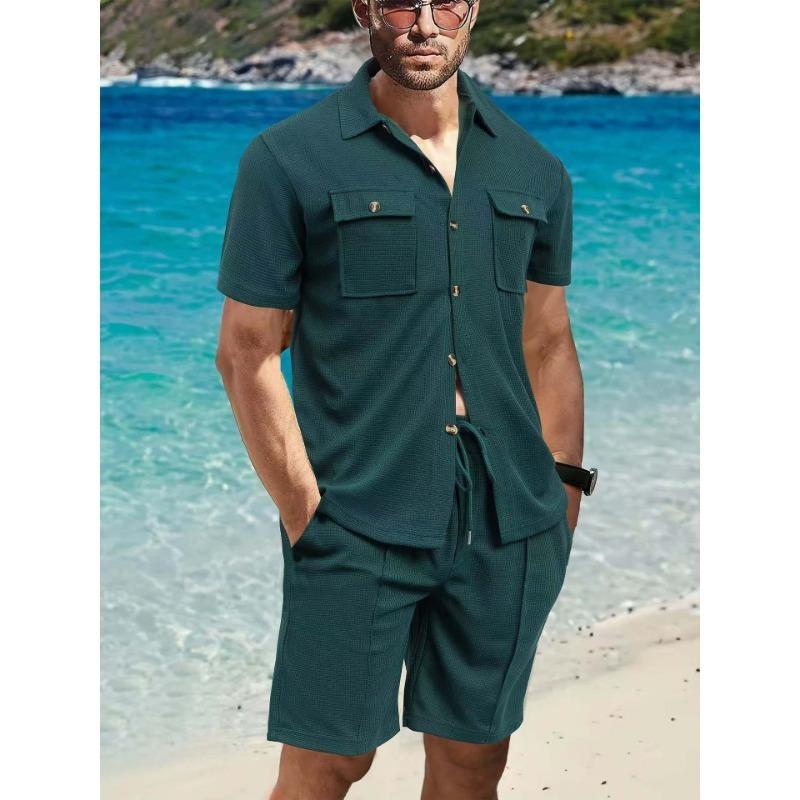Men S Summer Workwear Short Sleeve Shirt Shorts Loose Waffle Set