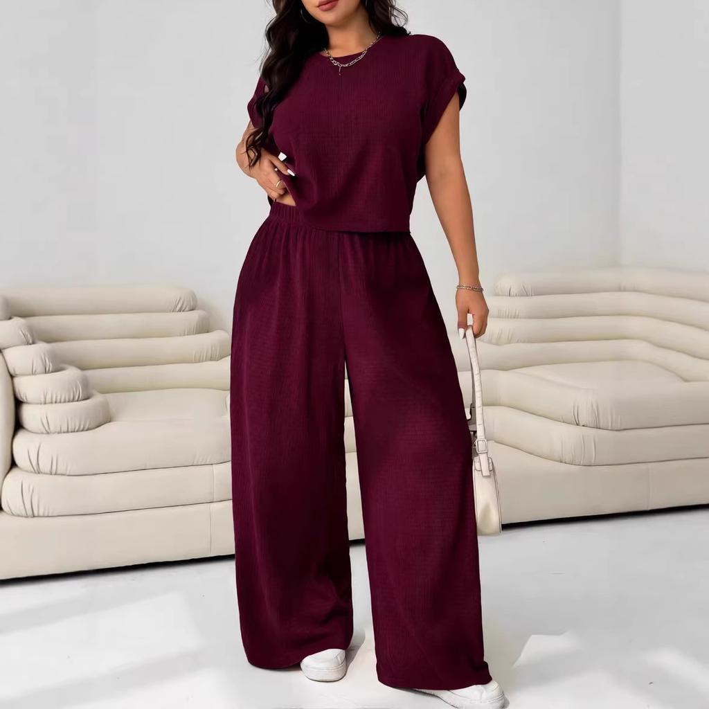 Europe and America Cross-border 2026 Summer New Plus Size Women's Fashion Casual Set Short-Sleeve Top Wide-Leg Pants Two-Piece Set