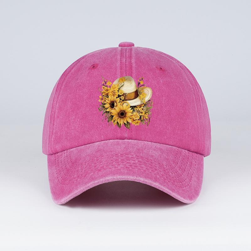 Sunflower Straw Hat Print Baseball Cap Men Women Vintage Washed Cotton Adjustable Dad Hat Summer Floral Sun Hat