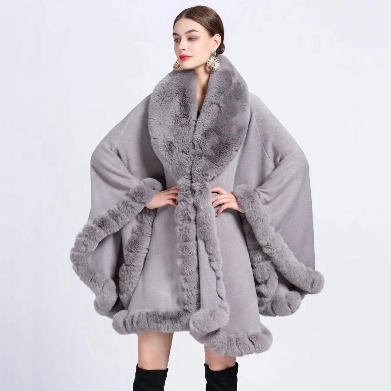 Cape en Fourrure Femme Vêtements d'Hiver Ponchos Épais et Chauds Châle Shawl Manteau Cardigan Longs Amples Manteaux