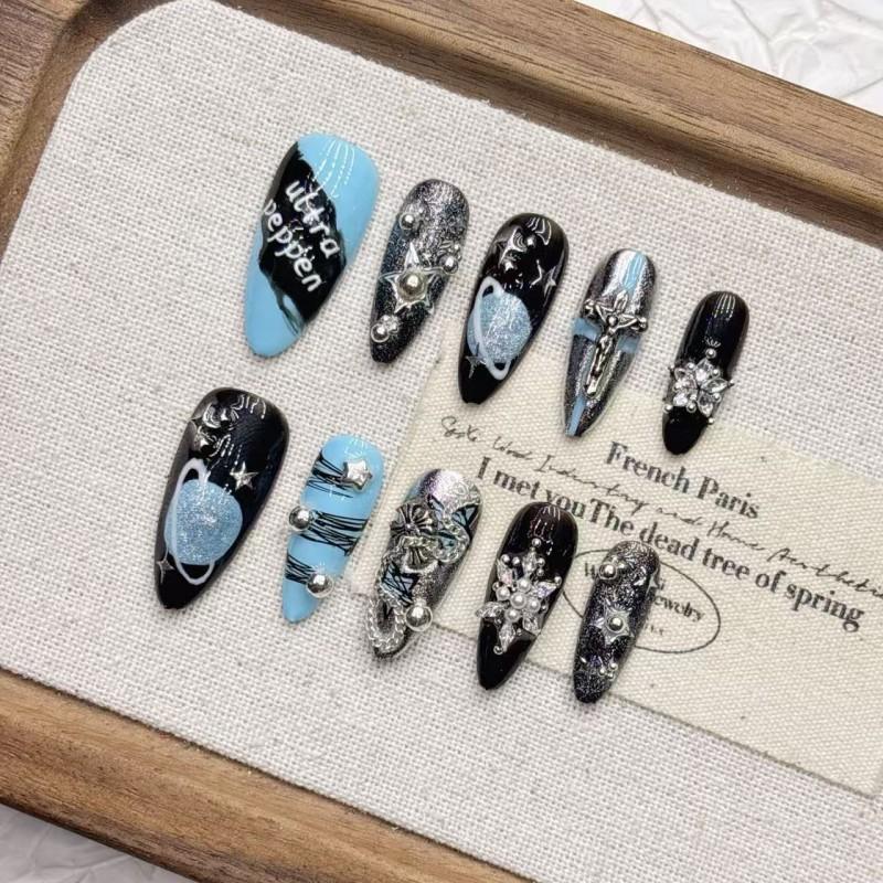 Handmade Short Almond Press-On Nails With Blue Cosmic Gradient Design Women Girls