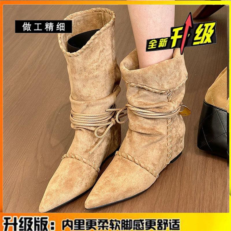 Leather version inner height increase western cowboy boots women's autumn and winter new stacking boots lace up and look thin but knee boots