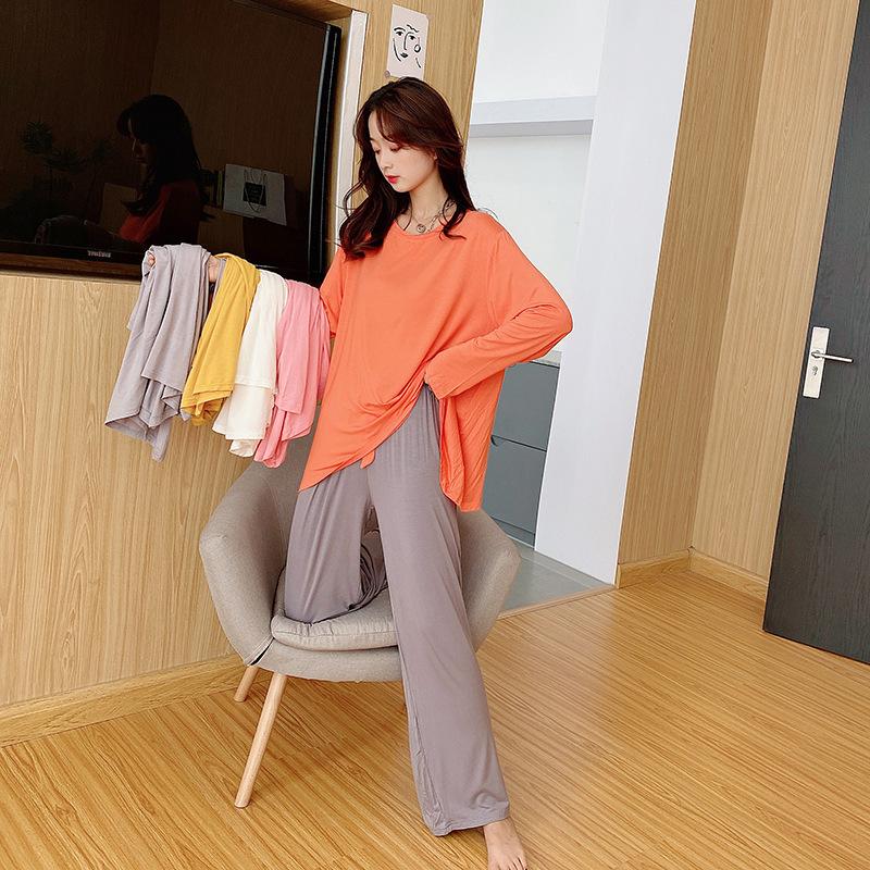 Plus Size Color-contrast Modal 2pcs Homewear Set Long Sleeve Tshirts and Wide Leg Pants Women Loose Pajamas Sets Streetwear Comfort Clothing