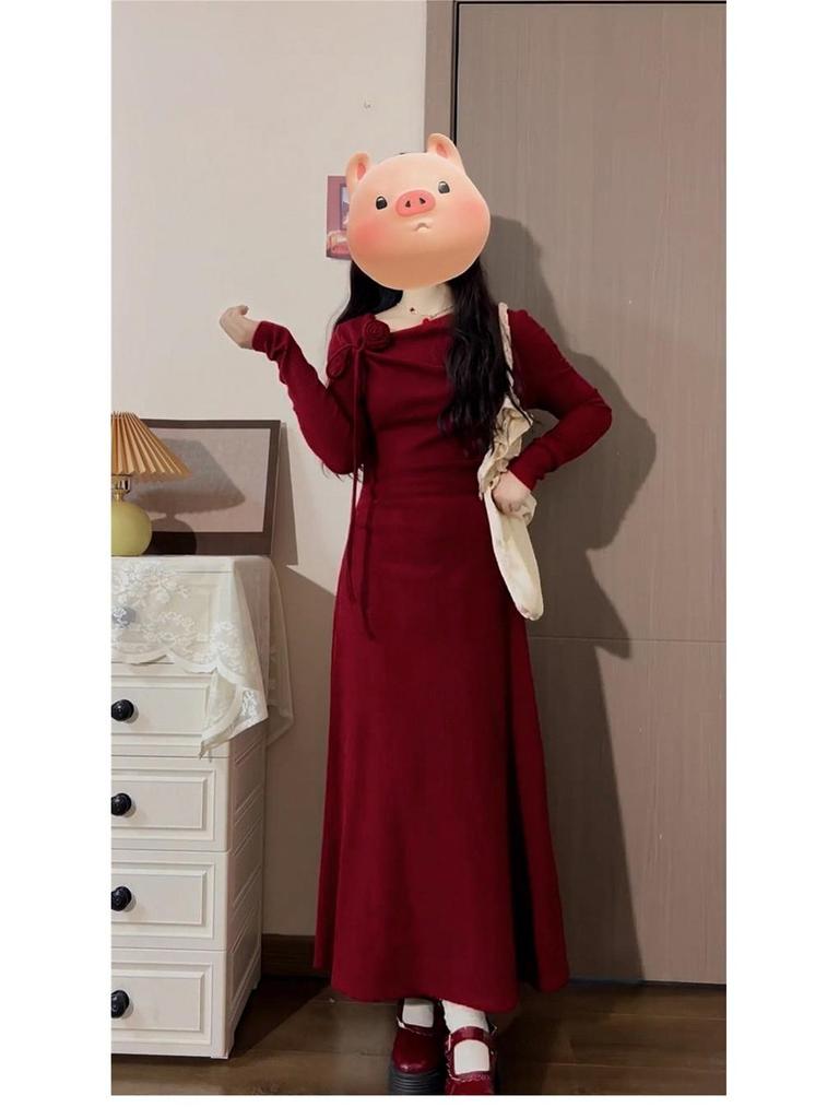 Elegant Red Waist-Cinching Dress for Women – Perfect for Spring and Autumn, Versatile as Inner or Outer Wear, Featuring a New Mid-Length Skirt Design