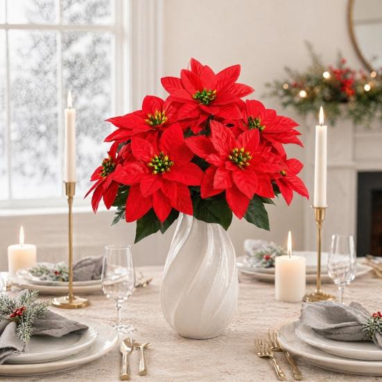 Artificial Poinsettia Flowers Bouquet 5 Head Faux Red Poinsettia Bush