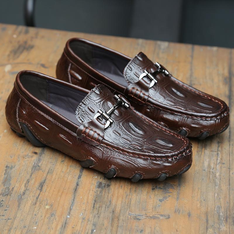

New men s shoes crocodile leather loafers leather versatile leather shoes four seasons high-end casual beanie shoes men s one pedal 47 коричневий