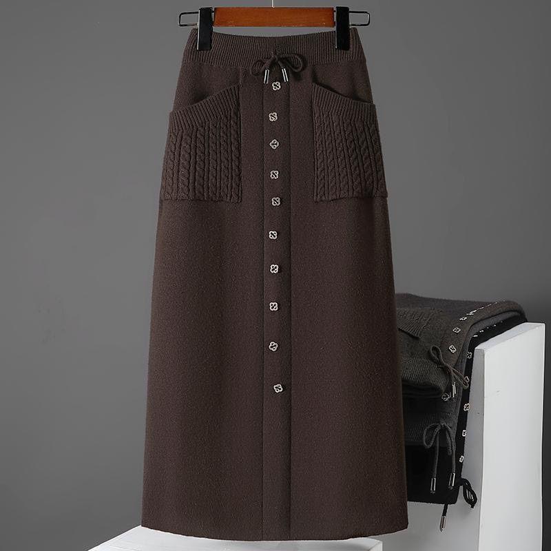 Knitted Skirt Women's Autumn and Winter New Temperament Elastic Wool Skirt High Waist A Line Mid-length Skirt