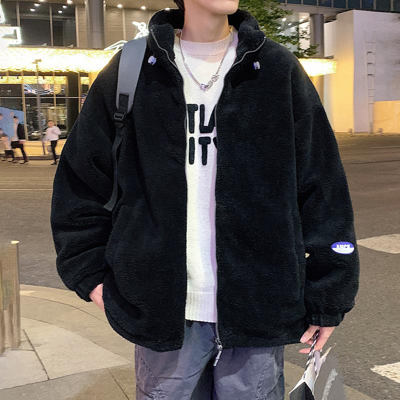 Neuer Wintermantel aus Lammsamt-Baumwolle für Herren, lockere und trendige Jacke im Hongkong-Stil, Baumwollmantel mit Stehkragen und Kordelzug für Herren