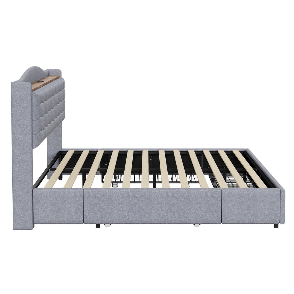 Cama Estofada 160*200 cm, Mesa de Cabeceira com Porta de Carregamento USB e Prateleira, Cama de Casal Plana com 4 Gavetas, Tecido de Linho Cinza