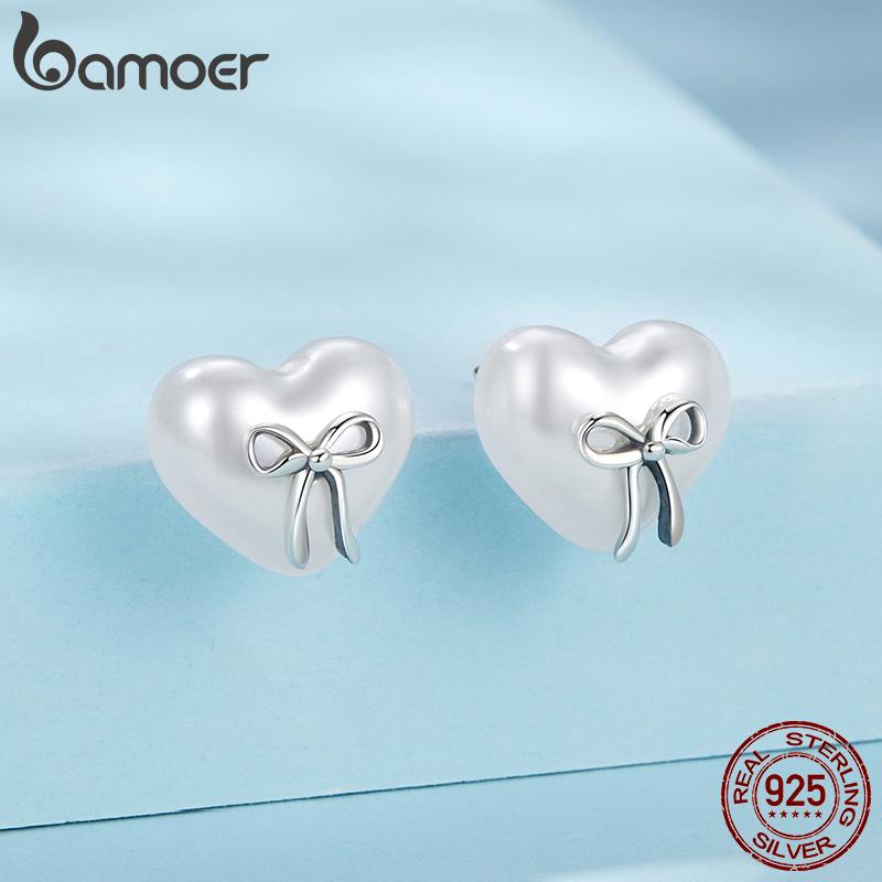 BAMOER 925 Sterling Silver Bow Heart Shaped Shell Pearl Stud Earrings, Minimalist Cute Studs for Women Fashion Jewelry Gift